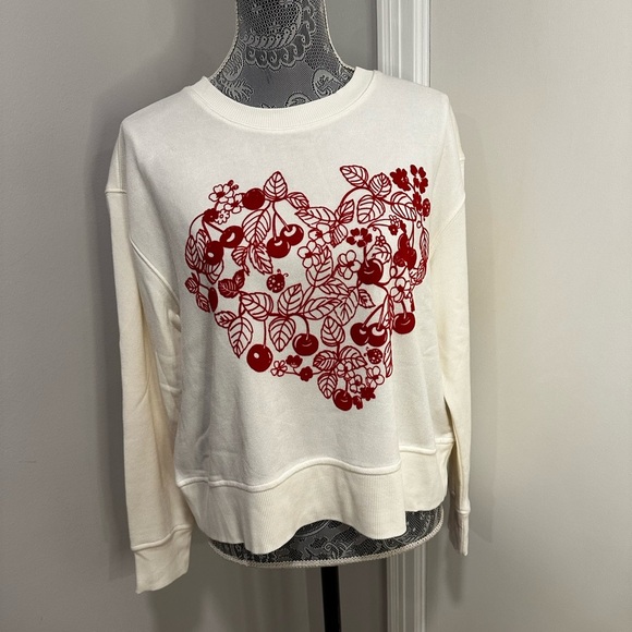 NWT Women’s Cream Pullover Red Velvet Aplique Heart, Cherry, Ladybug, Leaf Small - Picture 1 of 13